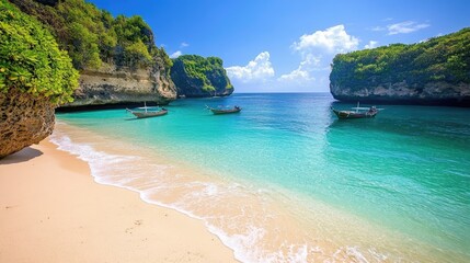 Fototapeta premium A serene beach in Bali with soft golden sand, clear turquoise waters, and traditional Balinese fishing boats anchored near the shore.
