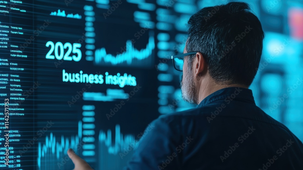 Poster businessman analyzing digital data on a futuristic screen displaying business insights for 2025
