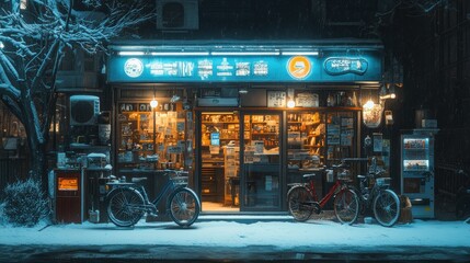 Obraz premium A suburban bike repair shop thriving in winter, with a special focus on snow bikes displayed against a backdrop of icicles.