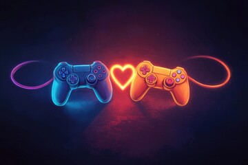 Colorful neon gaming controllers connected by heart symbol on dark background