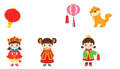 Set Icon Of Children Celebrating Chinese New Year - New Year Greeting Card with Children - Chinese Children on Wall - Children in Cheongsam