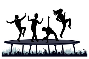 Children silhouettes. Boys and girl jump on a trampoline. Vector illustration.