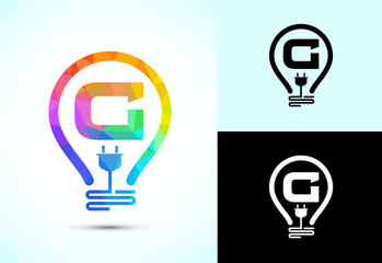 Initial alphabet G with an electric bulb and plug. Electricity logo design template low poly style