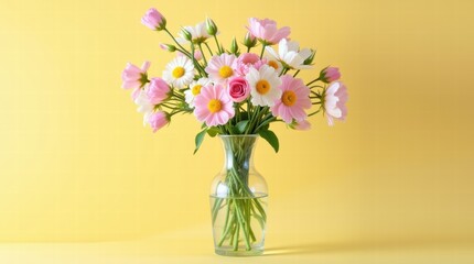 Fototapeta premium A vase of mixed pastel flowers on a pastel yellow background