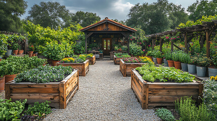Picturesque kitchen garden featuring antique wooden planters filled with herbs and soil vintage...