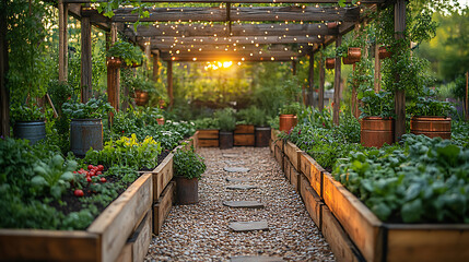 Rustic garden with antique copper watering cans rich soilfilled planters and wooden trellises...