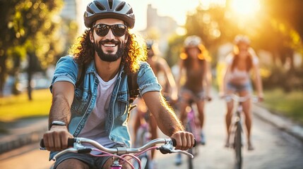 Group of friends riding bicycles in the city during sunset enjoying summer day