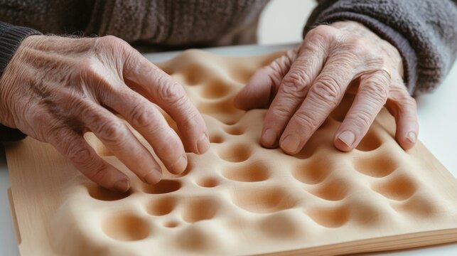 Elderly caucasian hands exploring tactile surface for sensory stimulation
