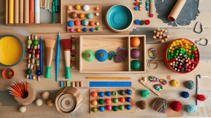 Colorful assortment of wooden montessori toys and craft supplies on a table