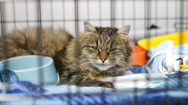 An elderly cat is in a big cage in a vet clinic or in an animal shelter. Hotels for domestic animals. Overexposure of pets. Protection, treatment, vaccination, adoption of homeless or lost animals.