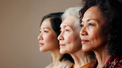 Three women of different ethnicities and ages celebrating international women's day