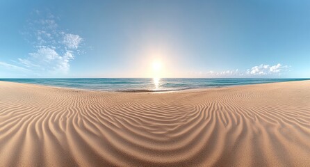 Naklejka premium A panoramic photograph of an empty beach. The sand is rippled by strong winds