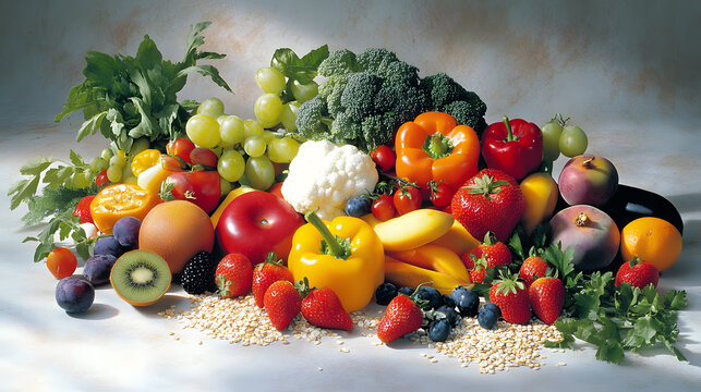 vibrant spread of fresh fruits, vegetables, and whole grains, showcasing colorful produce