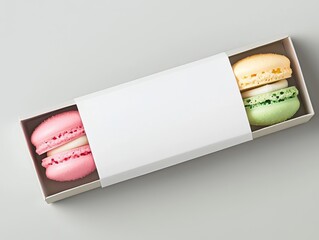 Rectangular macaron box with a blank wraparound label, displayed on a neutral gray background