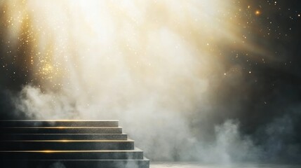 A stunning scene of illuminated steps leading into a dreamy, ethereal backdrop filled with soft fog and sparkling lights, Perfect for concepts related to aspiration, success, or spirituality,