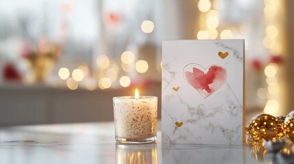 Romantic Candle and Heart-Shaped Card on Marble Table Setting