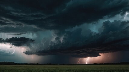 Dark, brooding storm clouds fill the sky above a flat green field, illuminated by powerful bolts of lightning. The ominous atmosphere is captivating
