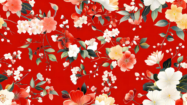 Timeless floral pattern with vibrant colors on red background, showcasing elegance and beauty