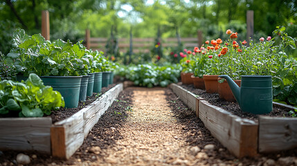 Tranquil garden with antique ceramic planters soilfilled raised beds and wooden trellises supporting heirloom vegetables framed by vintage watering cans