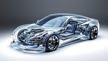 Realistic of a modern diesel car with semi transparent features, allowing a clear view of the engine