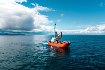 A large red boat is sailing on the ocean