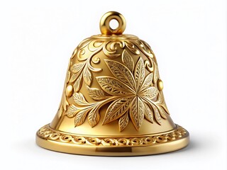 Elegant Golden Christmas Bell Ornament, Intricate Floral Engraving, White Background - Festive Holiday Decoration