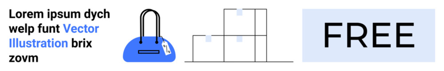 Fototapeta premium Shopping bag with purchase tag, stacked boxes, FREE text. Ideal for online store, e-commerce, discounts, retail promotions, delivery services marketing website elements. Landing page