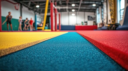 A focused gymnast performing a floor routine in an indoor gymnasium, showcasing strength, flexibility, and grace. Bright mats, padded equipment, and supportive coaches create a safe and encouraging 