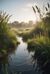 Obraz premium Lush wetland habitat with tall grasses and reeds, nature, ecosystem, greenery, birdlife, river