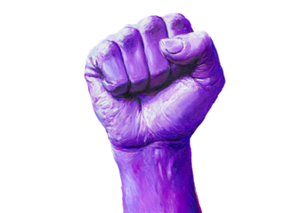 Purple painted fist symbolizing women's empowerment on transparent background