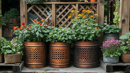 Antique copper watering cans sitting beside compostfilled planters handcarved wooden trellises surrounded by herbs and heirloom vegetables