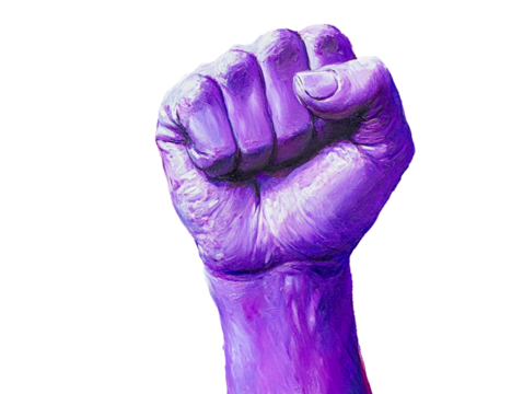 Purple painted fist symbolizing women's empowerment on transparent background - Powered by Adobe