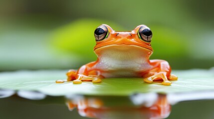 Vibrant orange frog sitting on leaf in natural habitat