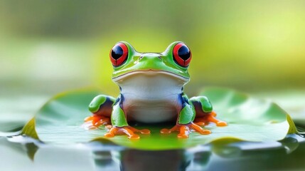 Naklejka premium Vibrant red-eyed tree frog on leaf in lush green habitat