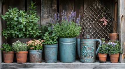 Antique metal planters overflowing herbs and vegetables nestled among compost piles next to weathered terracotta watering cans and handmade iron trellises