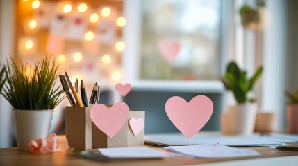 Romantic Workspace with Paper Hearts and Soft Lighting Decor