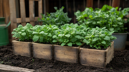 Antique terracotta planters filled herbs and soil with closeup of wooden trellises compost and aged watering cans all in a flourishing garden