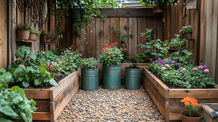 Antique tin watering cans next compostrich soil and wooden raised beds adorned with wrought iron planters and climbing vines on trellises