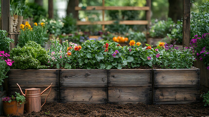 Antique wooden planters a garden bed of compost with closeup of wooden trellises heirloom vegetables climbing and vintage copper watering cans resting on soil