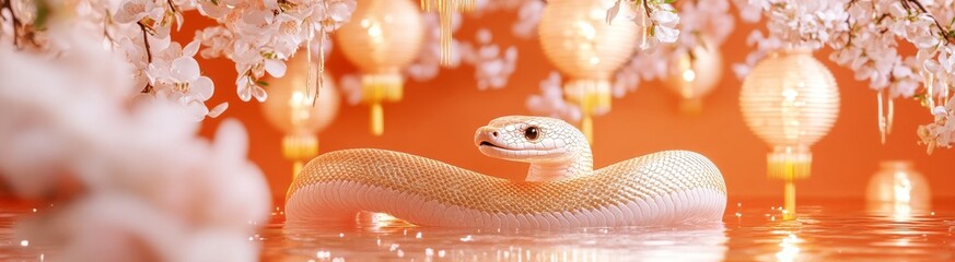 Fototapeta premium Albino Snake in Blossom: A captivating image of a white albino snake nestled amongst delicate peach blossoms and soft, glowing lanterns. The scene evokes serenity and mystique.