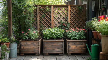Antique wooden planters filled soil and herbs surrounded by delicate wooden trellises and vintage watering cans in a quiet kitchen garden