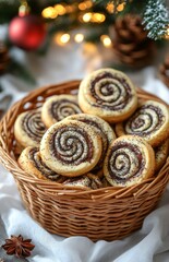 A basket of swirled cookies with poppy seed and chocolate on a white tablecloth