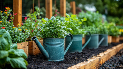 Closeup of antique bronze watering cans beside raised beds soil vintage trellises supporting heirloom vegetables and wooden planters filled with herbs