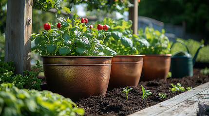 Closeup of antique copper planters a sunlit kitchen garden with compost piles wooden trellises supporting lush vines and vintage watering cans resting nearby