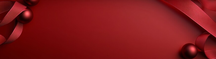 Obraz premium Red Ribbon and Baubles: A festive backdrop with a touch of elegance. Minimalist and clean, this image features glossy red baubles and ribbons against a deep red background.