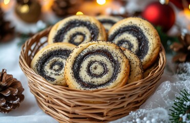 Fototapeta premium A basket of swirled cookies with poppy seed and chocolate on a white tablecloth