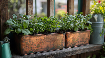 Closeup of antique copper planters filled soil and herbs framed by rustic wooden trellises and aged watering cans in a kitchen garden