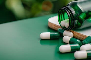 A bottle of pills is on a table with a green background