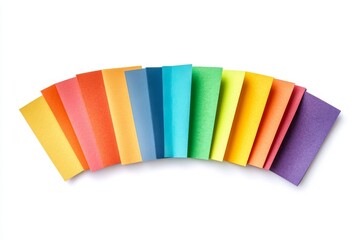 Obraz premium Vibrant assortment of colored paper sheets arranged in a rainbow pattern, perfect for arts and crafts projects.