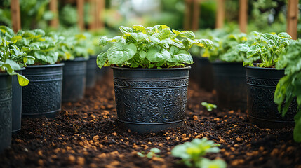 Closeup of antique iron planters filled rich compost and soil framed by wooden trellises and rustic watering cans in a lush kitchen garden